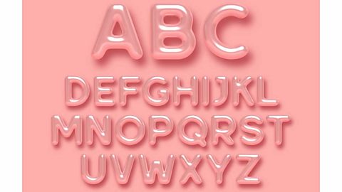 The alphabet in pink shiny balloon lettering against a pink background