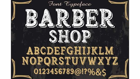 Font typeface barber shop. Speckled white and yellow letters against black background