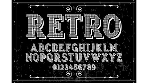 Retro. Black and white checked letters against black background. 
                        