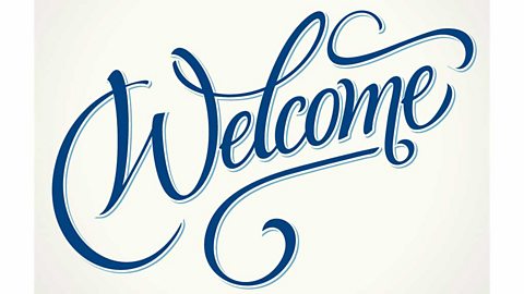 Welcome. Blue elaborate joined writing against a white background.