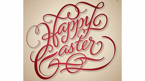 Happy Easter. Red elaborate joined writing against a beige background