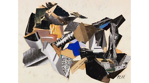 A busy photomontage by Höch featuring blues, whites, blacks, yellows and more.