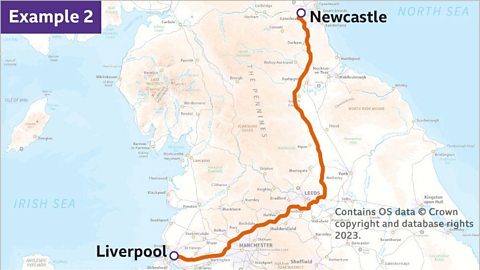Example two. An image of a map. The map shows the north of England. A route between Liverpool and Newcastle has been highlighted in orange.