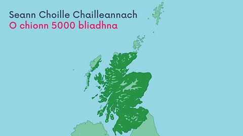 Map de dh'Alba le àitichean dorcha uaine a' sealltainn na Coille Chailleannaich mar a bha i o chionn 5000 bliadhna (a' còmhdach a' mhòr-chuid dhen fhearann)