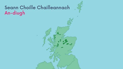 Map de dh'Alba le àitichean dorcha uaine a' sealltainn na Coille Chailleannaich mar a tha i an-diugh (a' còmhdach glè bheag dhen fhearann)