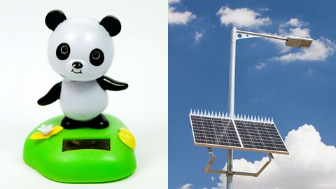 Solar panels in a toy panda and street lamp.