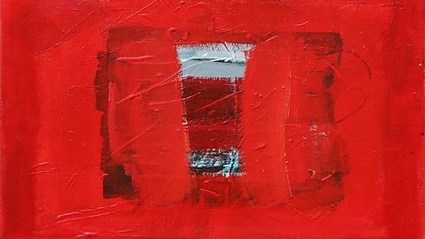 Abstract painting red background with white and black smudges