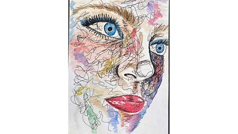 Colourful abstract image of a woman's head with stylistic pen scribbles