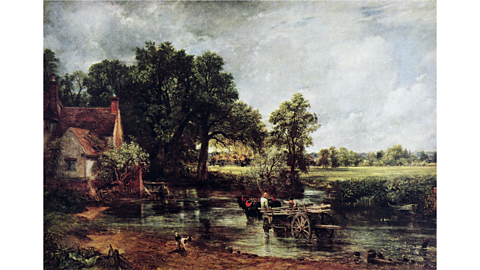 A painting called the Haywain by John Constable, featuring a scene from nature, a pond, house and figure with cart