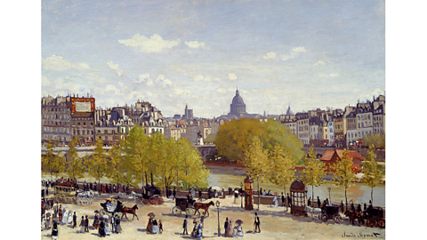 The Quai du Louvre in Paris, by Claude Monet, 1867, showing a cityscape painting of Paris with trees and people in the foreground