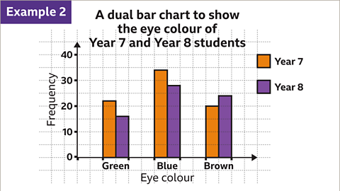 Example two. An image of a dual bar chart. A vertical axis has been drawn to the left. The axis has been labelled with numbers. The values are increasing in units of ten from zero to forty. It is subdivided into intervals of five. The axis has also been labelled, frequency. The horizontal axis has been labelled, green, blue, and brown such that each pair of bars has a width of two squares. Between each label is a gap of width equalling two squares. Written beneath the labels: eye colour. For each pair of bars, the bar to the left is coloured orange and the bar to the right is coloured purple. For green eyes, the orange bar has a frequency of twenty two and the purple bar has a frequency of sixteen. For blue eyes, the orange bar has a frequency of thirty four and the purple bar has a frequency of twenty eight. For brown eyes, the orange bar has a frequency of twenty and the purple bar has a frequency of twenty four. Written above: A dual bar chart to show the eye colour of year seven and year eight students. Written right: a key. Orange equals year seven. Purple equals year eight.