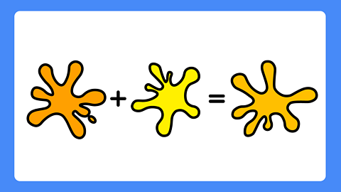 One orange and one yellow paint splodge adding up to make an amber paint splodge.