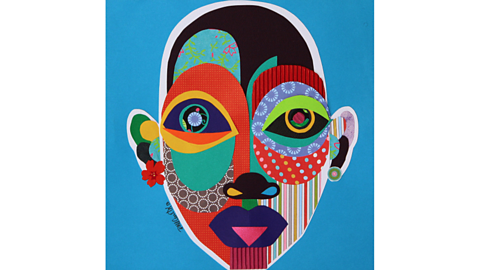 A colourful collage with a blue background. The collage is of a person's face and it is made of pieces of patterned paper.