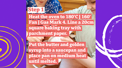 Two young girls pouring golden syrup into a pan with some butter