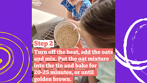 Two young girls pouring oats into a golden syrup and butter mixture.