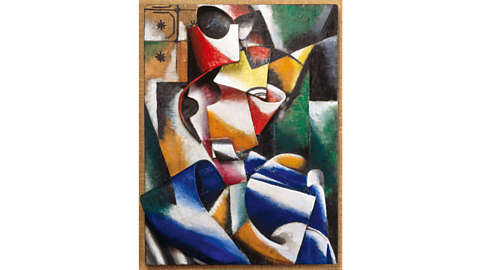 A cubist portrait of a lady, made of various shapes in blue, red, green, orange, and yellow.