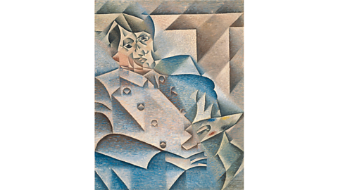 A cubist portrait of Pablo Picasso with a blue tint.