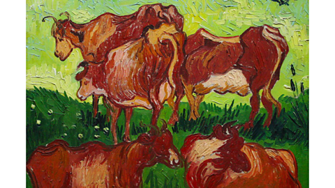 Five cows painted in different shades of brown against a green grass field. 