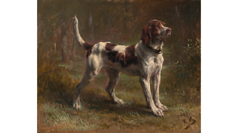 A painting of a white and brown dog.