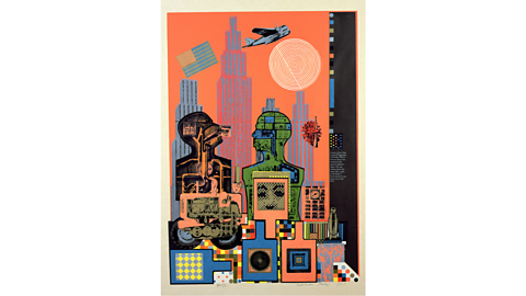 A mostly orange, green, blue and black print of a cityscape called Wittgenstein in New York by Eduardo Paolozzi