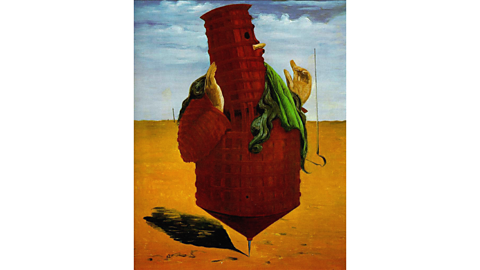 Ubu Imperator by Max Ernst, which shows a surreal combination of a spinning top, a red body and yellow human hands.