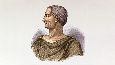 A head and shoulders, profile illustration of a middle-aged Caesar. He wears a simple brown toga.