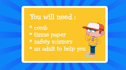 A young boy thinking with a list of things you need to make a comb kazoo. A comb, tissue paper, safety scissors and an adult to help you