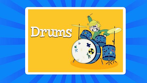 A cartoon of a young girl playing the drums with text above saying "Drums"