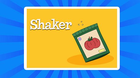 A cartoon of a seed packet with the text above saying "Shaker"