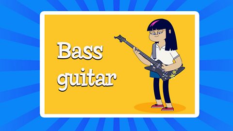 A cartoon of a young girl playing the bass guitar with the text above saying "Bass Guitar"