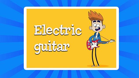 A cartoon of a young boy playing the guitar with the text above saying "Guitar"