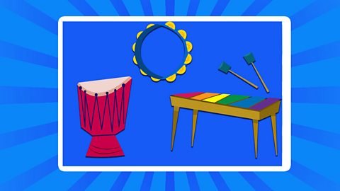 Drum, tambourine and xylophone on a blue background.