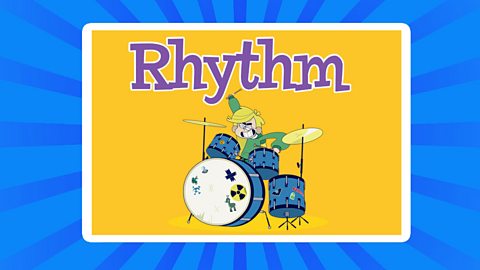 Rhythm and a cartoon of a girl playing the drums.