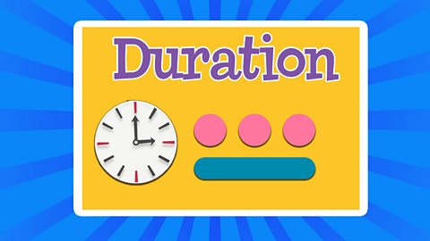 Duration: How long or short a sound is. Cartoon of a clock and dots and bars.