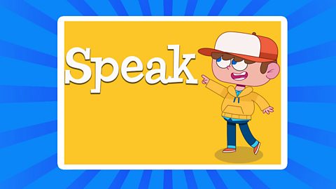 A cartoon boy pointing at the word speak.