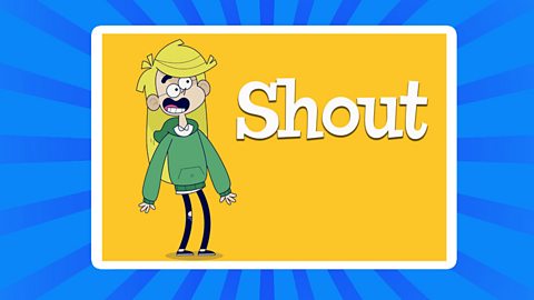 A cartoon of a girl shouting with the word shout.