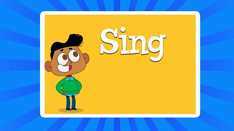 A cartoon of a boy with the word sing.