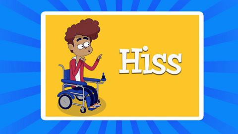 A cartoon of a boy in a wheelchair with the word hiss.