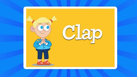 A cartoon of a girl clapping with the word clap.