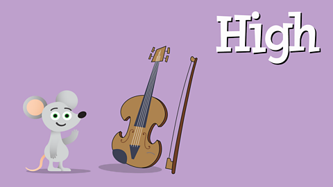 A cartoon of a mouse with a violin and the word high.