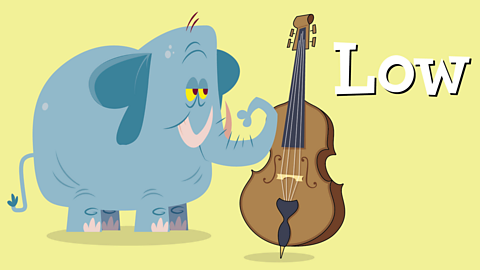 A cartoon of an elephant and a double bass with the word low.