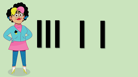 Stick notation showing three sticks close together and then two spaced apart.