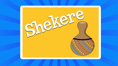 A cartoon image of a percussion instrument called a shekere.