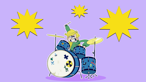 Illustration of a graphic score and Izzy playing drums.