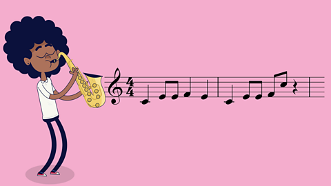 A cartoon boy playing the saxophone beside a musical stave showing some notes, a treble clef and time signature.