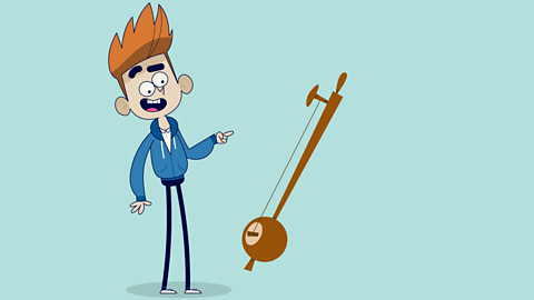 A cartoon boy pointing at an instrument with one string called a tumbi.