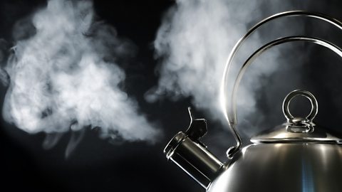 A photograph of a silver whistling kettle with steam coming out of it.