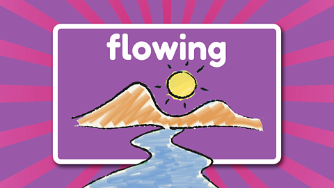 The word flowing above a sun, hills and flowing river.