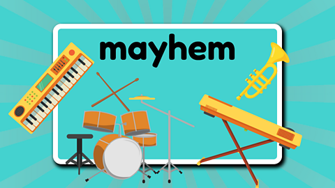 The word mayhem above a muddle of drums, trumpet, organs and drum sticks.