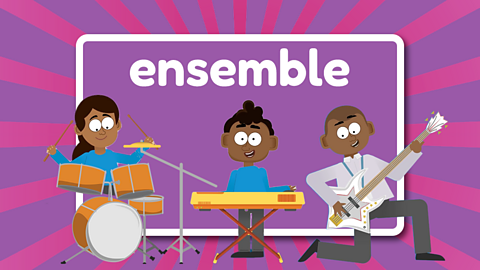 The word ensemble above musicians playing drums, keyboard and guitar.